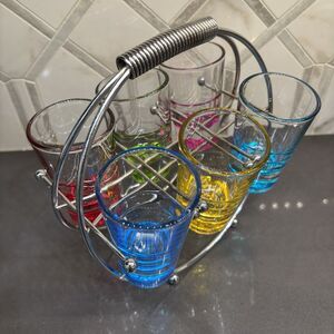 New STOKES 6 Shot Glasses With Metal Base Carrier New In Box Glass Colored